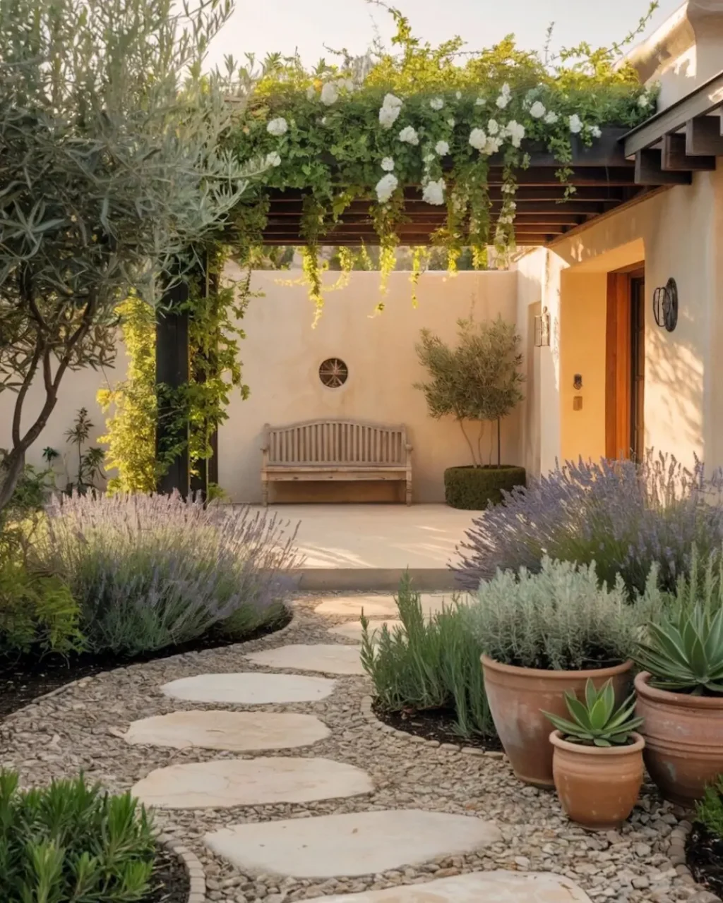 Allée de jardin en pas japonais entourée de lavande et de pots en terre cuite, menant vers un banc en bois sous une pergola fleurie.