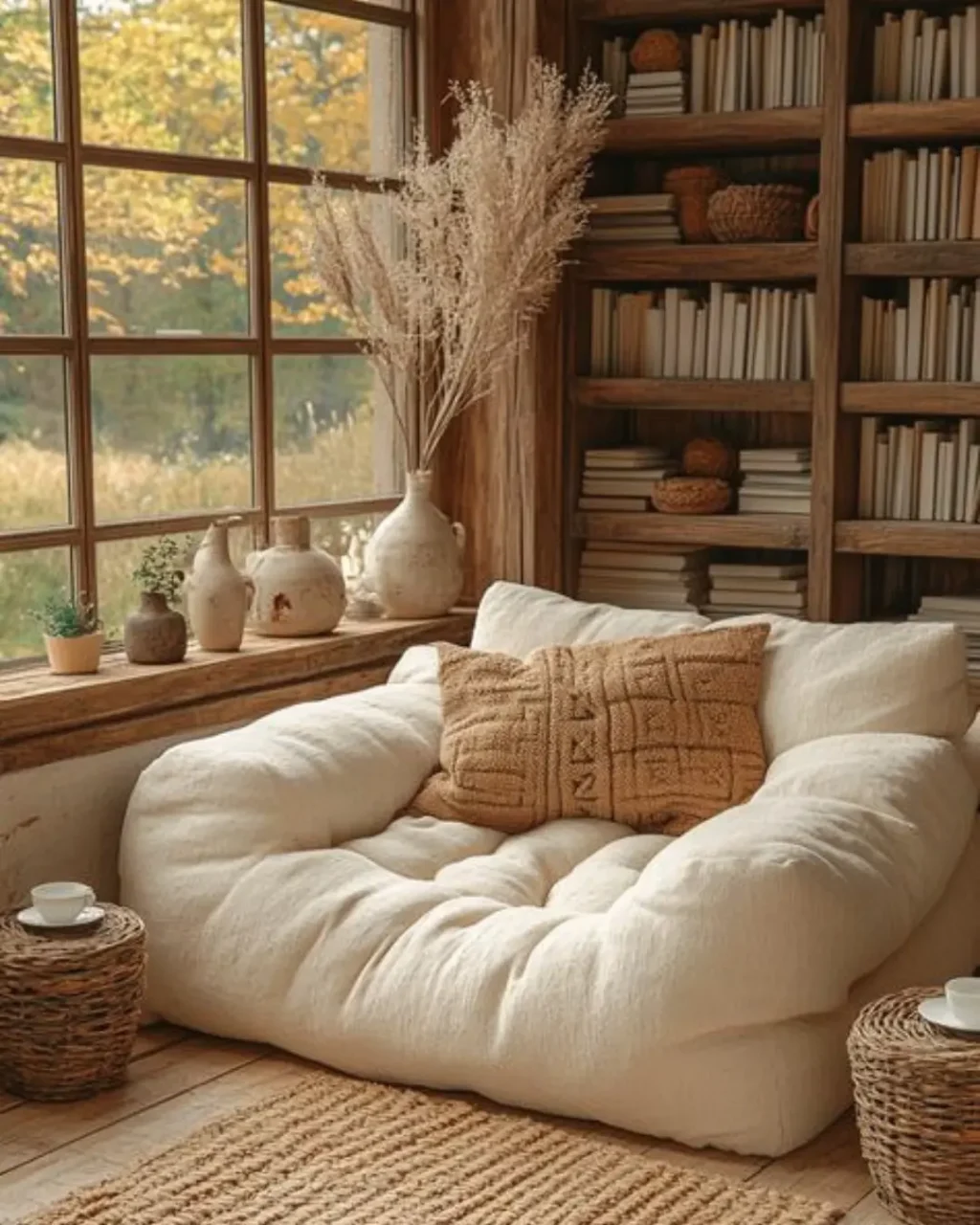 Coin lecture confortable pour une morning routine avec un grand fauteuil beige moelleux, coussin en tricot et bibliothèque en bois rustique face à une grande fenêtre donnant sur un paysage d'automne.