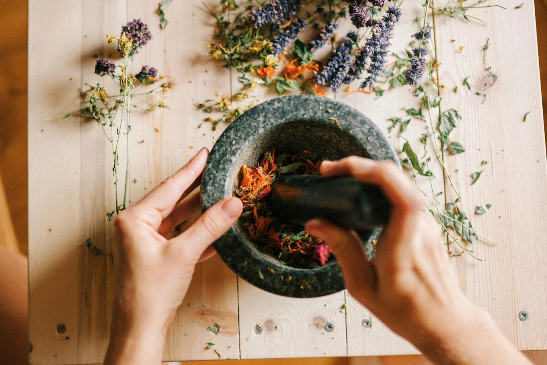 Vue de dessus de mains utilisant un pilon et un mortier en pierre pour écraser des fleurs séchées et des herbes médicinales sur une table en bois.