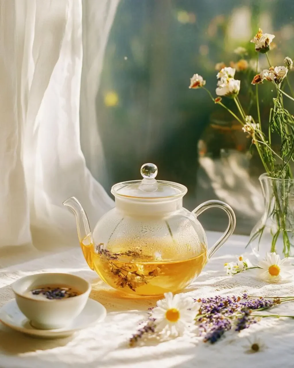 Théière en verre transparente remplie de tisane dorée, posée sur une nappe en dentelle avec des fleurs de camomille, sous une belle lumière naturelle.
