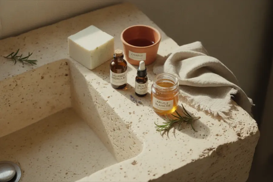 Routine beauté provençale complète : savon, hydrolat, huile, argile et miel sur un lavabo en pierre.