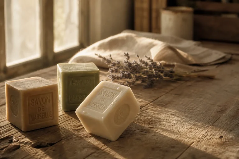 Savons de Marseille authentiques à 72% d'huiles sur une table en bois, rituel beauté quotidien en Provence.